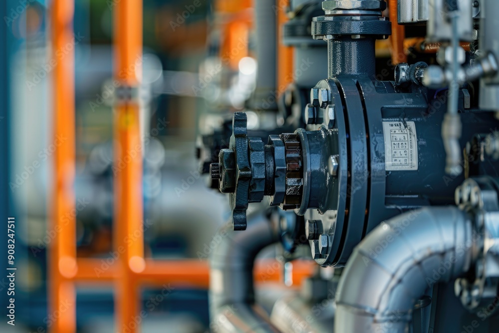 Poster close-up view of pipes and valves in a building, suitable for illustration of infrastructure or engi