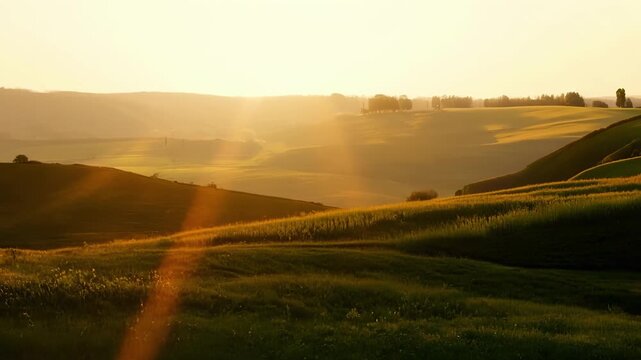 A peaceful countryside scene with rolling hills bathed in the soft glow of afternoon light.
