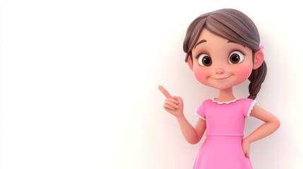 Character cartoon girl in pink dress pointing her finger on an empty space on a white background. 3d rendering. Illustration for advertising. 3d girl. Illustrations