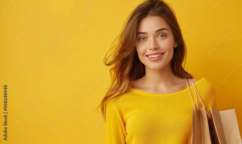 Wall mural Happy Young Woman Shopping Against a Yellow Background 1