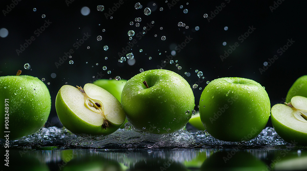 Canvas Prints fresh green apples on black background