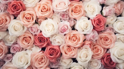 Pink and white roses in a bridal bouquet as a background