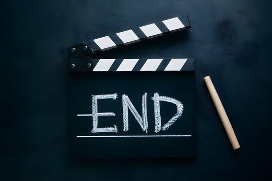 Clapboard with THE END, dark background, highlights scenes conclusion