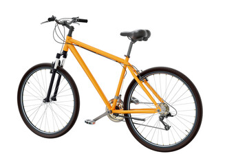 Orange bicycle, side back view. Black leather saddle and handles. Png clipart isolated on transparent background