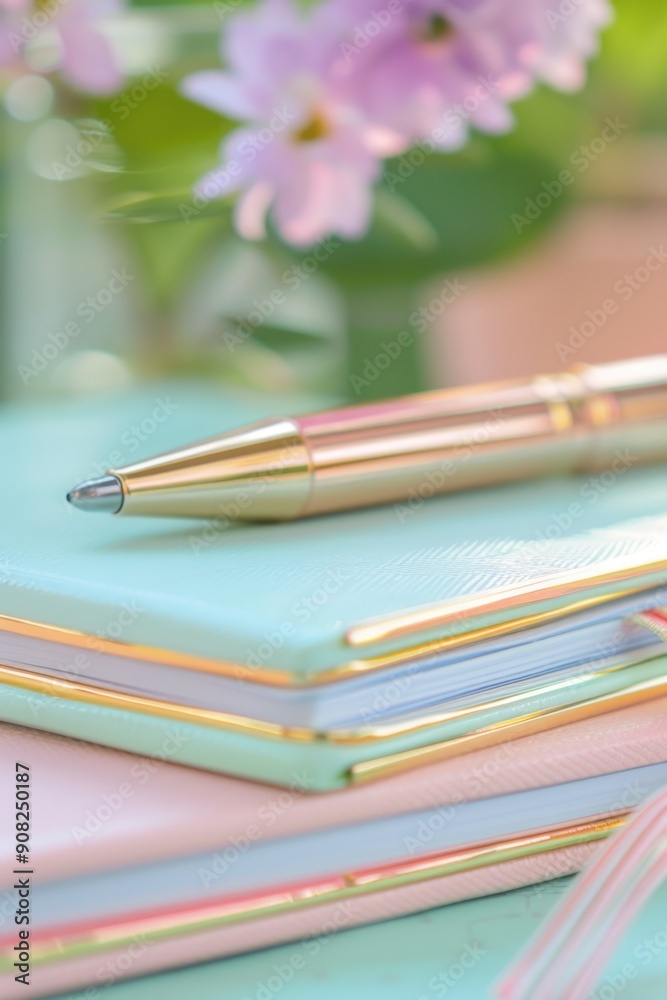 Poster a stack of notebooks and a pen on top, perfect for creative work or everyday use