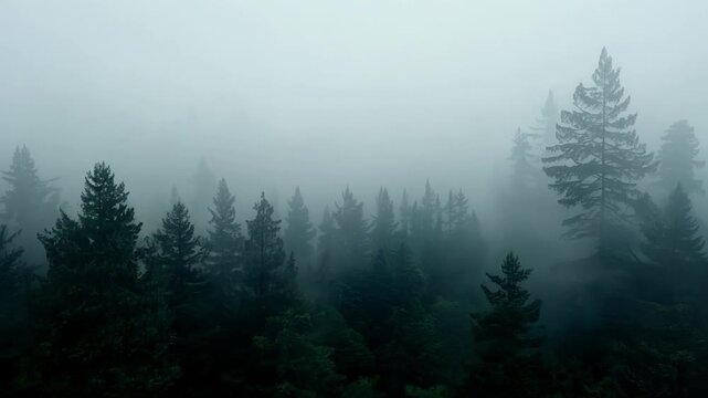 A thick fog rolling in gradually concealing all visibility in the dense forest.