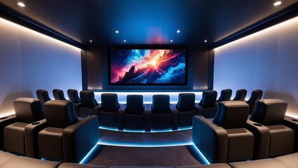 Modern home theater with reclining seats and large screen.