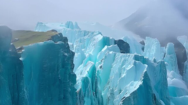 The mist ebbs and flows revealing glimpses of the glaciers blue hues and sparkling ice crystals.