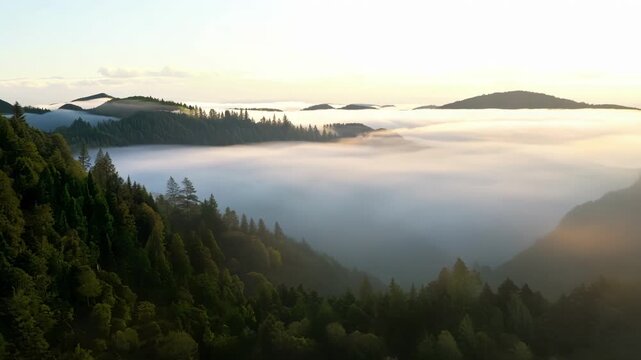 Soft lowlying clouds blanketing a picturesque valley in a dreamy haze.