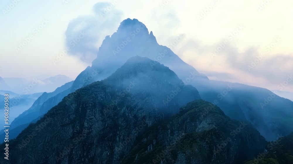 Sticker The enchanting sight of mist enveloping the mountain peak creating a magical atmosphere.