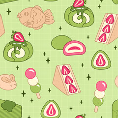 Seamless pattern with traditional japanese sweets. Cute asian food. Vector background.