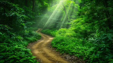 Obraz premium Lush Green Forest Path: A winding path through a dense, vibrant green forest, with rays of sunlight filtering through the canopy. The scene evokes a sense of adventure and tranquil