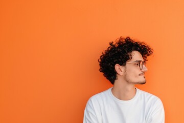 Obraz premium Stylish Young Man in a White T-Shirt with Curly Hair Against an Orange Wall 2