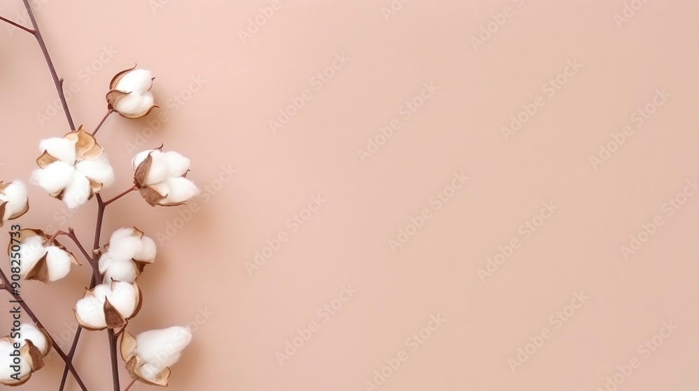 Wall mural White cotton flowers on beige background. Flat lay, top view.