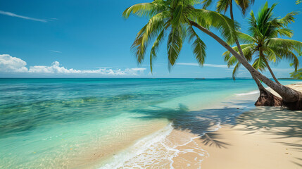 Tropical Beach with Green Palms: A tropical beach scene with emerald green palm trees leaning over the sandy shore, with crystal clear turquoise water in the background. with copy