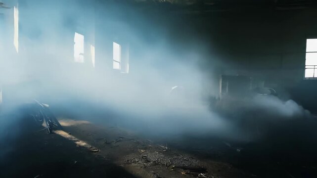 As I step inside the abandoned factory I am immediately enveloped in a thick fog of smoke making it difficult to see.