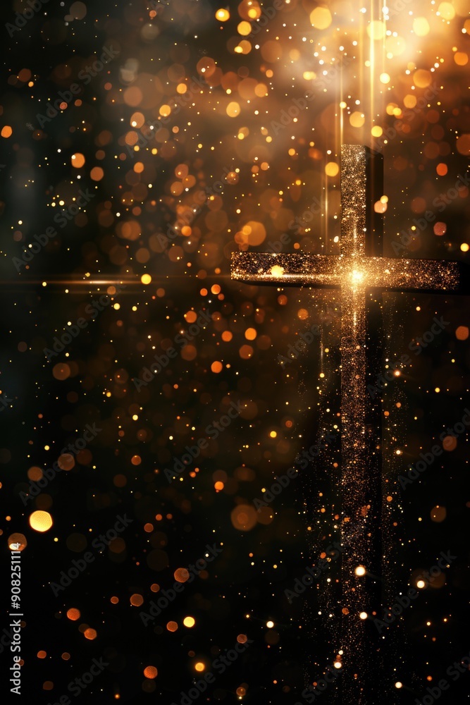 Poster simple design of a cross illuminated by golden lights against a dark background, suitable for spirit