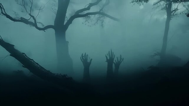 Under the cover of the fog twisted shapes seem to materialize from the darkness their glowing eyes and gnarled hands reaching out to claim their next victims in the haunted forest.