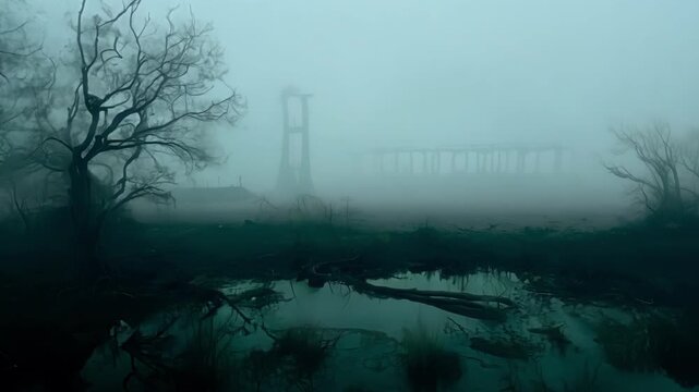 The murky swamp is shrouded in an imtrable fog adding to the treacherous and otherworldly nature of this forsaken place.