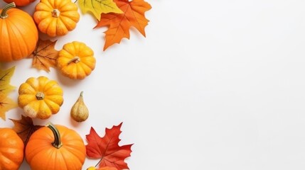 Autumn background with pumpkins and leaves on white background