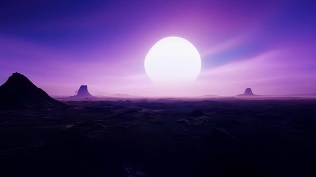 The horizon is aglow with an otherworldly light casting shadows on the land below.