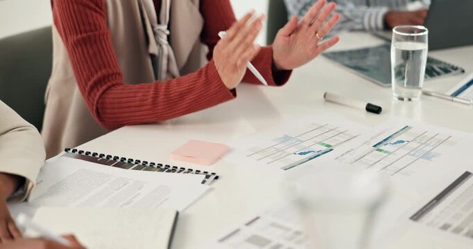 Business, woman and hands for planning in meeting with documents, balance sheets and profit or loss statement. Chief financial officer, closeup and paperwork with people for discussion on budgeting.