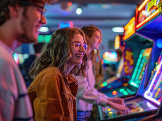 A group of friends enjoying arcade games in retro-themed arcade, smiling and having fun, with neon lights and arcade machines in the background. casino arcade game concept