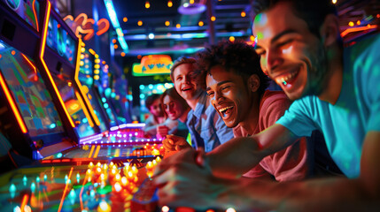A group of friends enjoying arcade games in retro-themed arcade, smiling and having fun, with neon lights and arcade machines in the background. casino arcade game concept