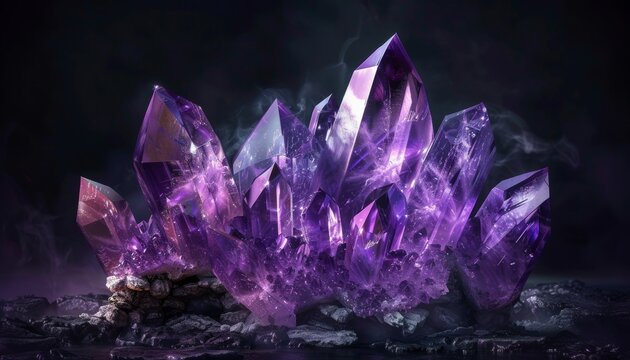 Crystalline amethyst ore in the mine shaft, purple crystal texture.