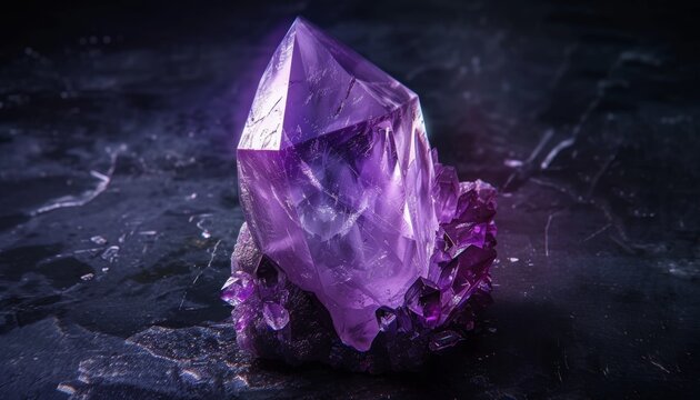 Crystalline amethyst ore in the mine shaft, purple crystal texture.