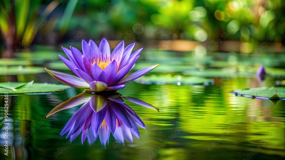 Wall mural Purple Majesty: A Water Lily's Reflection in a Serene Pond  Generative AI