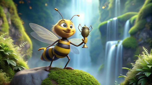 A Buzzworthy Award: A Bee's Trophy Gleams Under a Sparkling Waterfall  generative AI