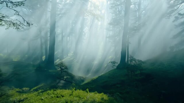 A mysterious fog drifting through the trees adding an air of intrigue and enchantment.