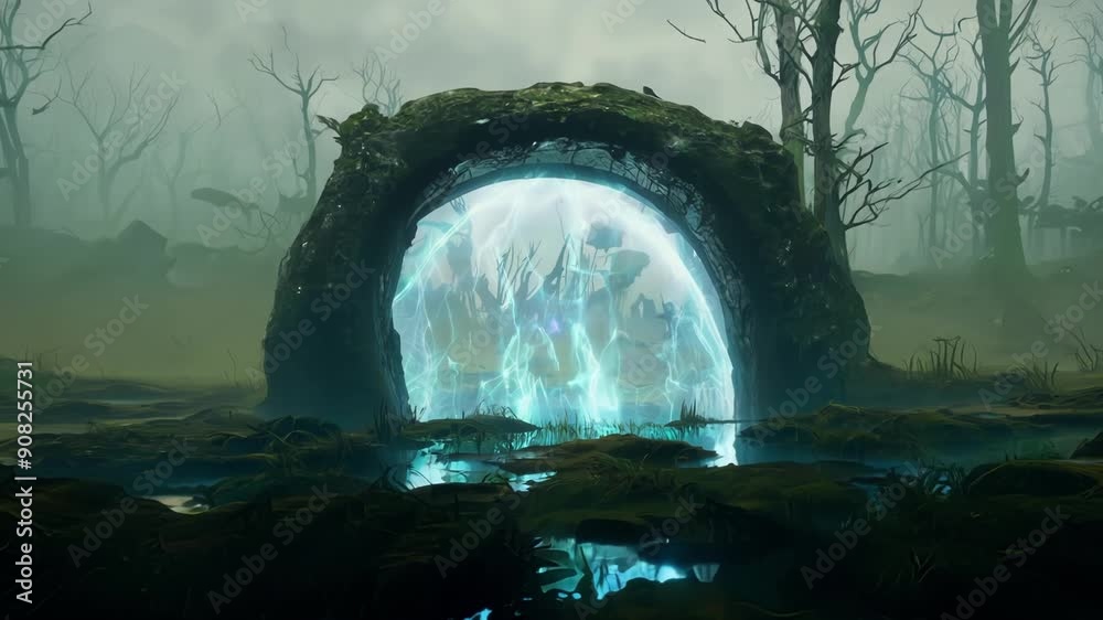 Wall mural we come across a clearing in the mystical swamp where a hazy mystical portal appears to open up offe