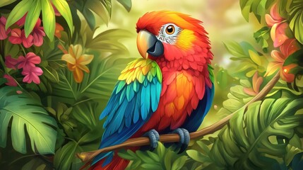 Fototapeta premium Colorful and cute cartoon parrot with bright feathers, perched on a tropical vine