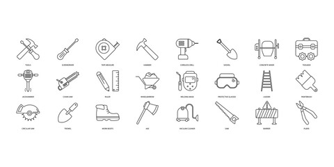 Construction tools icons set. Set of editable stroke icons.Set of Construction tools