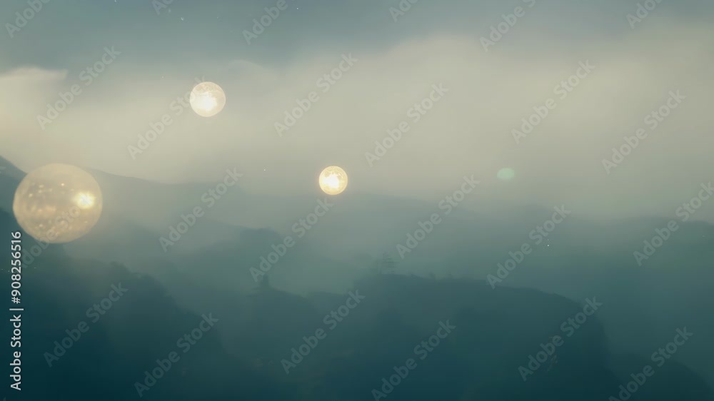 Wall mural amidst a fogfilled valley mystical flares illuminate the mist with their alluring glow creating an o