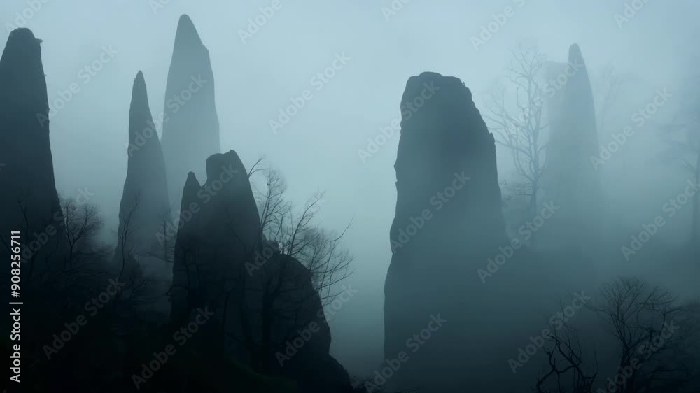 Wall mural the silhouettes of trees and rocks loom through the dense mist like ghostly apparitions adding to th