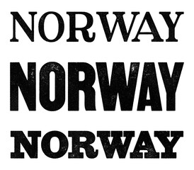 Norway country name written in distressed vintage serif, sans serif and slab serif styles isolated on transparent background