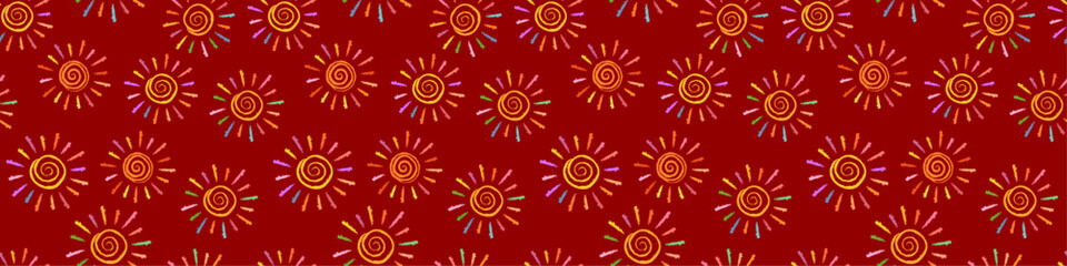 Seamless background with bright stylized suns. The sun stylized as a child's drawing. Doodles in childish girly style. Bright sun with rays. Endless background