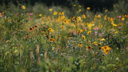 Obraz premium Beautiful and vibrant wildflowers blooming in a summer meadow on a sunny day