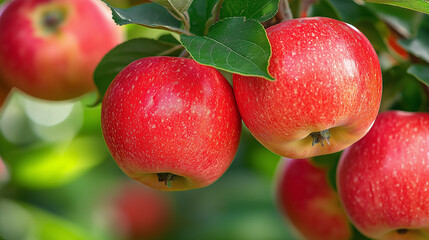 Obraz premium red apples on a branch ready for harvest ,Harvest of red apples on a tree in the garden