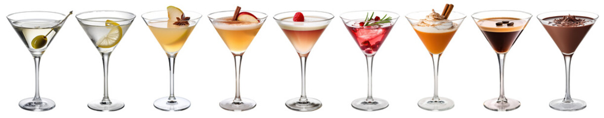 Martini cocktails: classic, vodka, ginger pear bourbon, autumn apple bourbon fizz, french, pomegranate gin, pumpkin pie, espresso, chocolate
