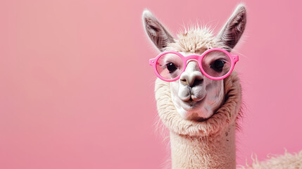 Cute lama alpaca in round pink sunglasses isolated on pink background with copy space