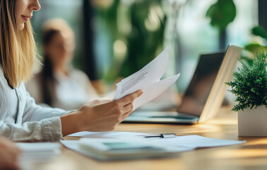 Fototapeta premium Young lawyer in casual working at conference table with laptop and holding legal documents at meeting with her staff, doing preparing paperwork and good plan for new projects ideas business concept