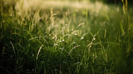 Vibrant green grass swaying in a vast field at sunset, bathed in golden light. Close-up view captures sunny day in countryside, blending green and yellow colors harmoniously