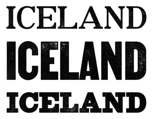 Fototapeta premium Iceland country name written in distressed vintage serif, sans serif and slab serif styles isolated on transparent background