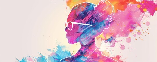 Colorful abstract silhouette of a woman with glasses, blending modern and artistic elements.