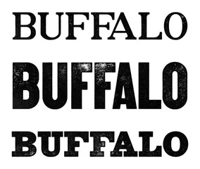 Buffalo city name written in distressed vintage serif, sans serif and slab serif styles isolated on transparent background