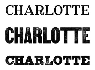 Charlotte city name written in distressed vintage serif, sans serif and slab serif styles isolated on transparent background